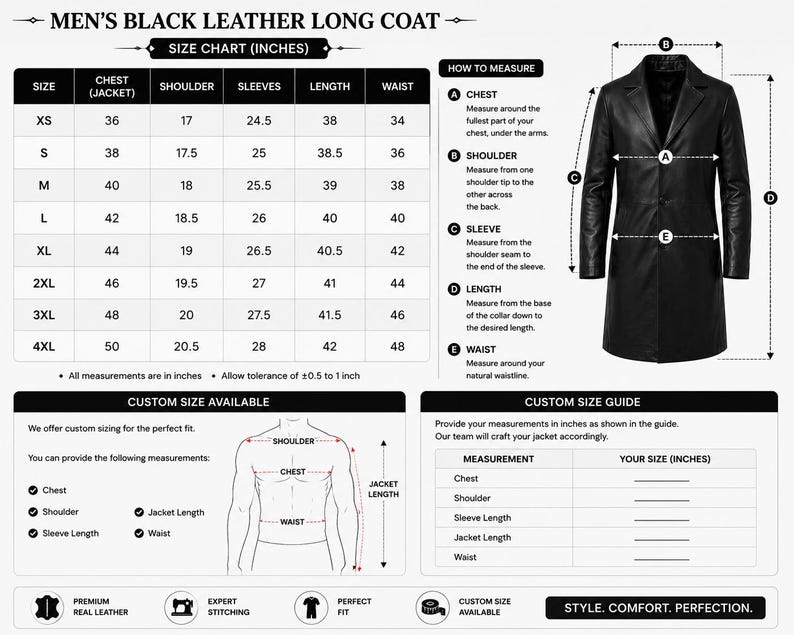 May include: A black leather long coat displayed alongside a size chart in inches. The graphic includes a diagram illustrating how to measure chest, shoulder, sleeve, length, and waist. A custom size guide and a body measurement outline are also provided.