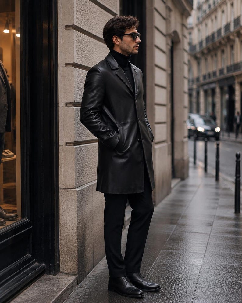 May include: A black leather coat with a notched lapel, long sleeves, and a button-front closure. The coat is worn over a black turtleneck sweater and black trousers, paired with black leather dress shoes and dark-tinted sunglasses.