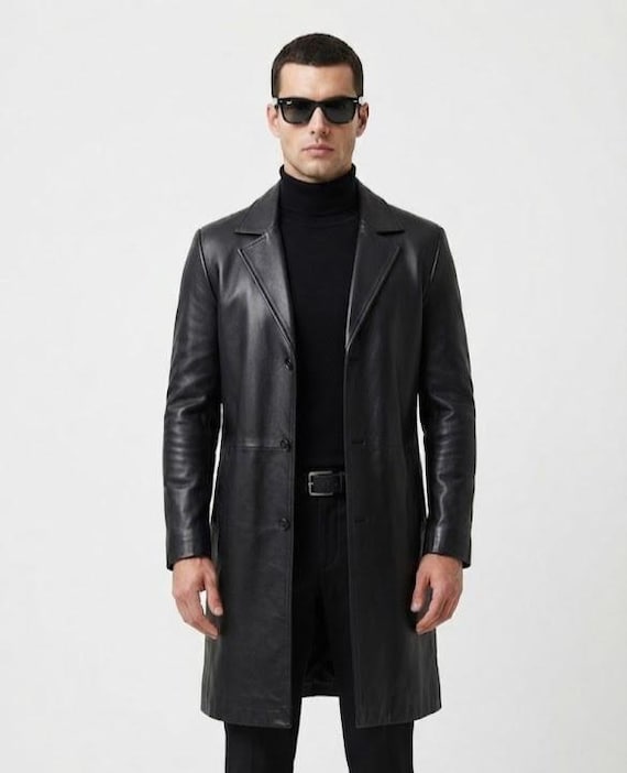 Men's Genuine Leather Long Coat | Classic Trench Style Winter Leather Overcoat