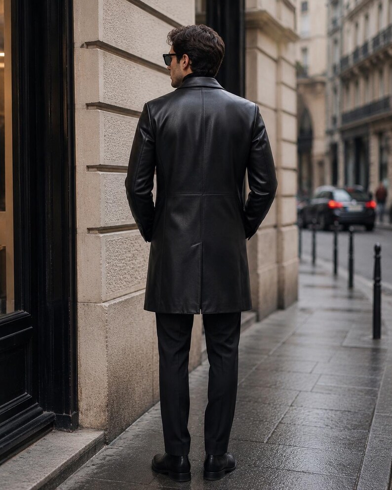 May include: A black leather trench coat featuring a structured collar, long sleeves, and a smooth finish. The coat reaches mid-thigh and is worn over black trousers and black shoes. The garment is shown from the back, displaying a central vent.
