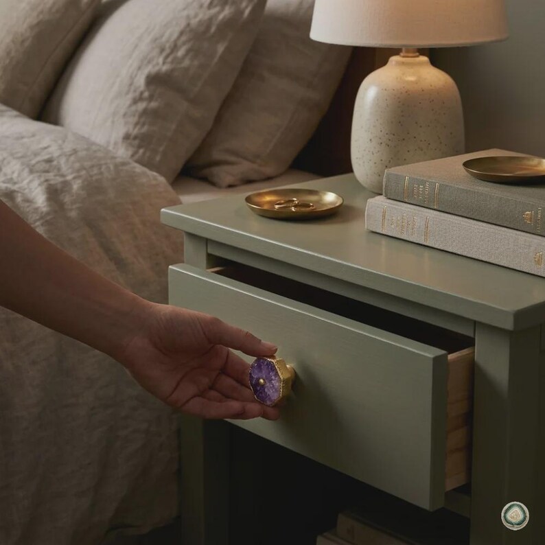 May include: A sage green wooden nightstand featuring a single drawer with a hexagonal purple amethyst stone knob with a gold-toned metal edge. The nightstand is topped with a speckled ceramic lamp and two stacked books with a small gold tray.