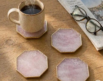 Juego de 4 posavasos octogonales de ágata y cuarzo rosa, de piedra natural.