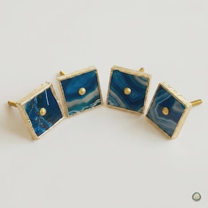 Set of4 Blue Agate Drawer Pulls, Square Natural Stone Cabinet Knobs