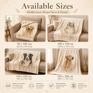 K&ouml;nnte beinhalten: Eine doppellagige Decke aus Sherpa-Fleece und Flanell mit Haustierportr&auml;ts in vier Gr&ouml;&szlig;en: 70 x 100 cm, 100 x 150 cm, 130 x 150 cm und 150 x 200 cm. Die Decken zeigen Illustrationen von Hunden und Katzen mit floralen Elementen.