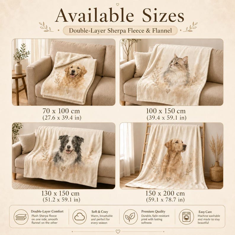 K&ouml;nnte beinhalten: Eine doppellagige Decke aus Sherpa-Fleece und Flanell mit Haustierportr&auml;ts in vier Gr&ouml;&szlig;en: 70 x 100 cm, 100 x 150 cm, 130 x 150 cm und 150 x 200 cm. Die Decken zeigen Illustrationen von Hunden und Katzen mit floralen Elementen.