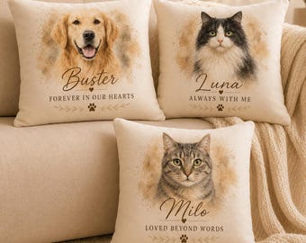 Gepersonaliseerd gedenkkussen voor huisdieren met aquarelprint, kussen met portret van hond of kat op basis van een foto, cadeau bij verlies van een huisdier, cadeau-ideeën voor hondenmoeders en -vaders.