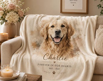 Personalisierte Aquarell Haustier Gedenkdecke, Benutzerdefinierte Haustier Fotodecke, Hund Katze Kaninchen Verlust Geschenk, Sherpa Fleece Überwurf
