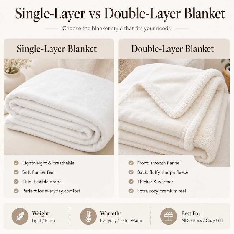 K&ouml;nnte beinhalten: Eine Vergleichstabelle mit dem Titel Single-Layer vs Double-Layer Blanket. Links ist eine gefaltete, einlagige wei&szlig;e Decke mit weicher Flanelltextur zu sehen. Rechts ist eine zweilagige wei&szlig;e Decke mit glatter Flanellvorderseite und flauschiger Sherpa-Fleece-R&uuml;ckseite abgebildet. Text beschreibt Merkmale wie Gewicht, W&auml;rme und Verwendung.