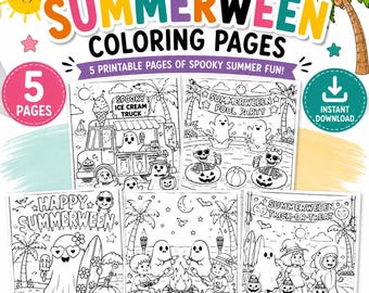 Zestaw kolorowanek Summerween, urocza kolorowanka na Halloween dla dzieci, zajęcia na plaży z duchami, pakiet Summerween do druku