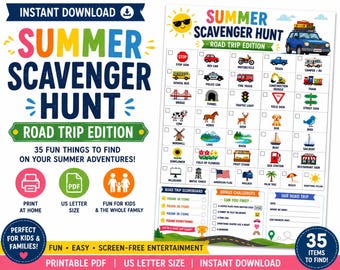 Summer Road Trip Scavenger Hunt Printable, Car Travel Game for Kids, Family Vacation Activity, Instant Download PDF