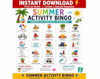 Letnie bingo do druku | Letnia gra dla dzieci | Rodzinna lista letnich marzeń | Karta bingo do druku w formacie PDF