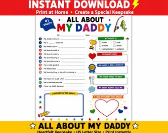 Wszystko o moim tacie do wydrukowania, prezent na Dzień Ojca, kwestionariusz dla taty, arkusz ćwiczeń na pamiątkę z wywiadu z tatą