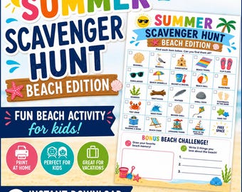 Gra w poszukiwanie skarbów na plaży do druku dla dzieci | Aktywność na wakacje | Gra w poszukiwanie skarbów na plaży | Rodzinna wycieczka na plażę (PDF)