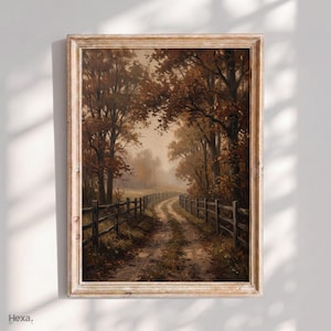 Stampa di una strada di campagna autunnale, decorazione murale rustica in stile fattoria, paesaggio autunnale di un sentiero nel bosco, download digitale