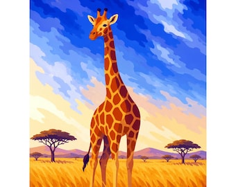 May include: A stylized illustration of a giraffe standing in a savanna landscape with tall golden grass and scattered acacia trees under a vibrant blue and orange sky. The giraffe features a distinct brown and tan geometric spot pattern.