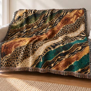 Abstract Animal Print Woven Tapestry, Gold Teal Safari Throw Blanket, Boho Cotton Decor
