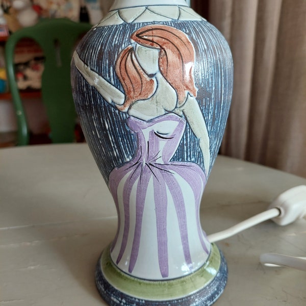 Vintage Swedish table lamp in ceramic - Hand painted decor of a women