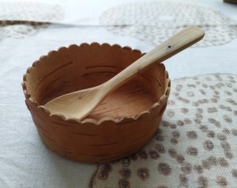 Vintage birch bark sugar bowl with wooden spoon