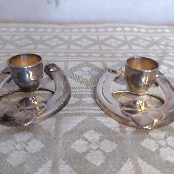 Vintage set of two silver plated candlestick holders - Berg Denmark - Horseshoe and four leaf clover