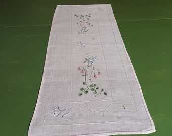 Vintage hand embroidered table runner - Linnea flowers and butterflies