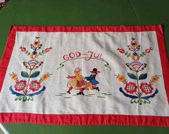 Vintage hand embroidered tapestry - Kurbits pattern - God Jul