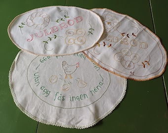 Swedish hand embroidered bread cloths - Set of three - Christmas bread - hen and eggs