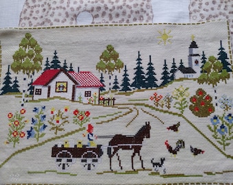 Vintage hand embroidered wall hanging - Country scene - Cross stitch