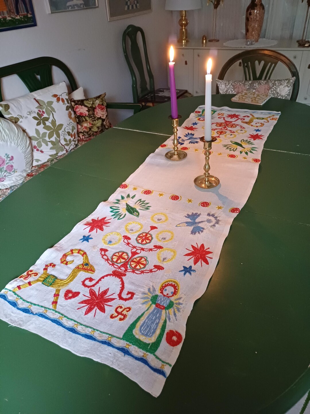 Antique Stunning Hand Embroidered Table Runner for Christmas Angels and ...