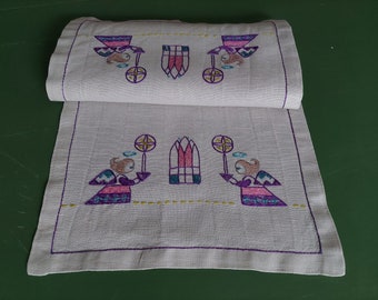 Vintage adorable hand embroidered Christmas short table runner - Angels and candleholders