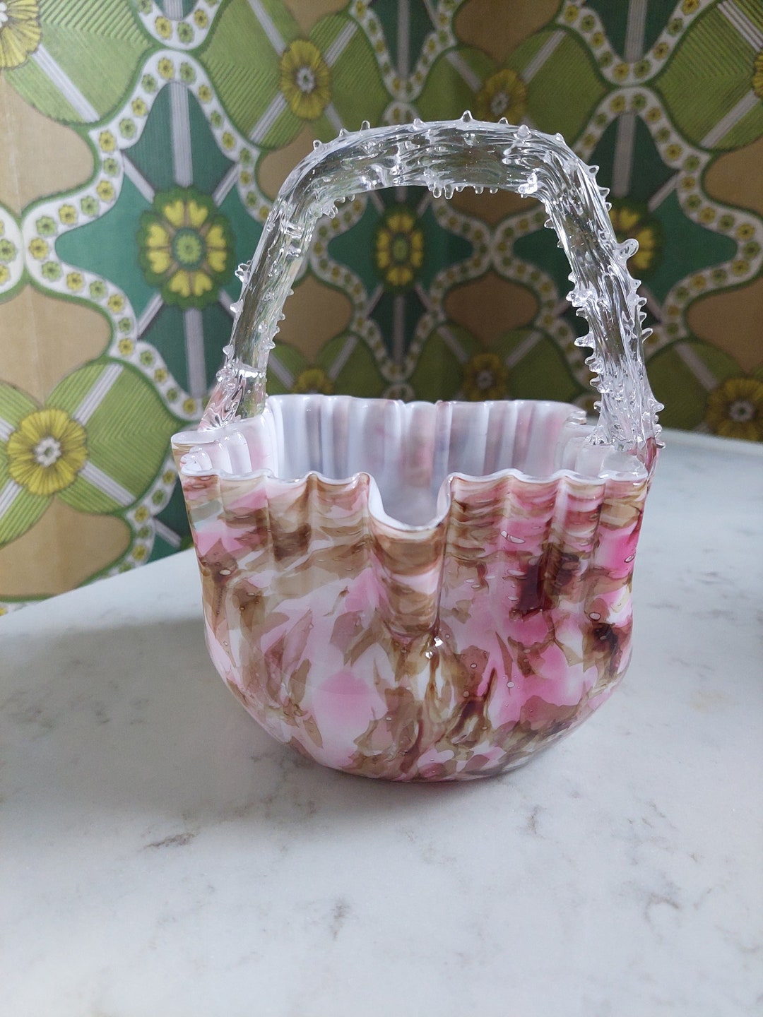 Vintage Glass Basket Hand Made Basket Flower Shaped Basket Clear Glass
