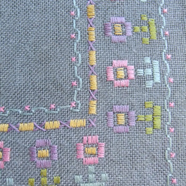 Vintage Swedish hand embroidered gray linen tablecloth Pastel colors