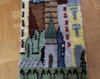 Vintage Swedish hand made Rya rug in wool - Village pattern - Very rare