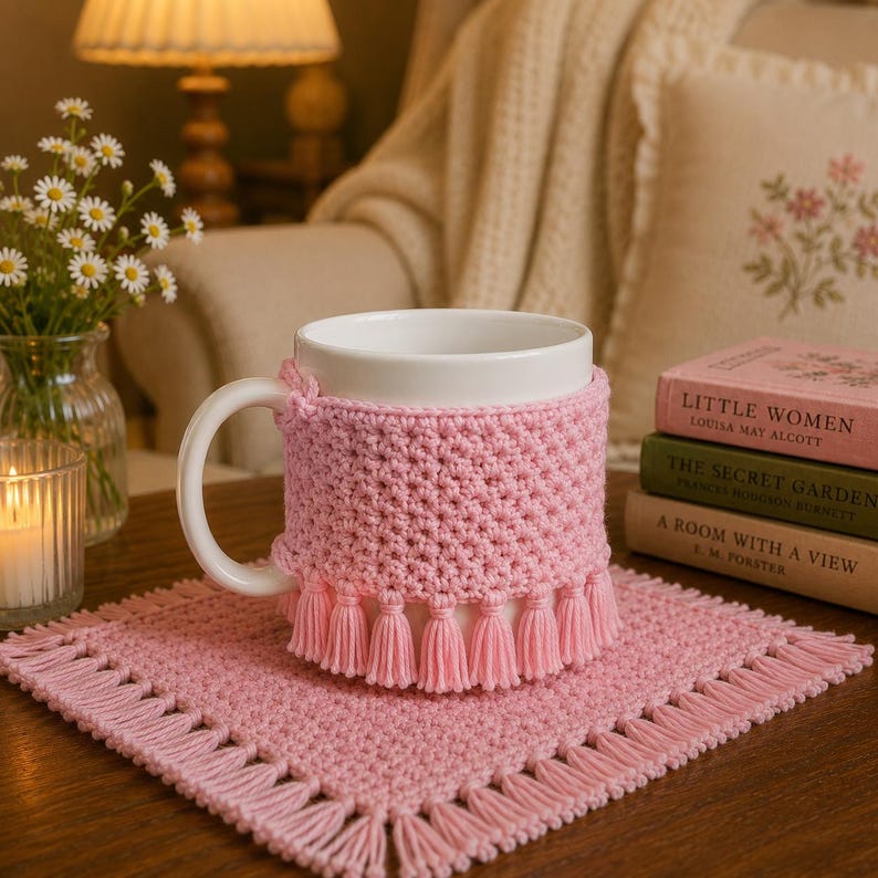 May include: A white ceramic mug featuring a textured pink crochet cozy with a fringe of small tassels at the base. The mug sits on a matching square pink crochet mat with a fringed border, creating a coordinated set for a warm beverage.