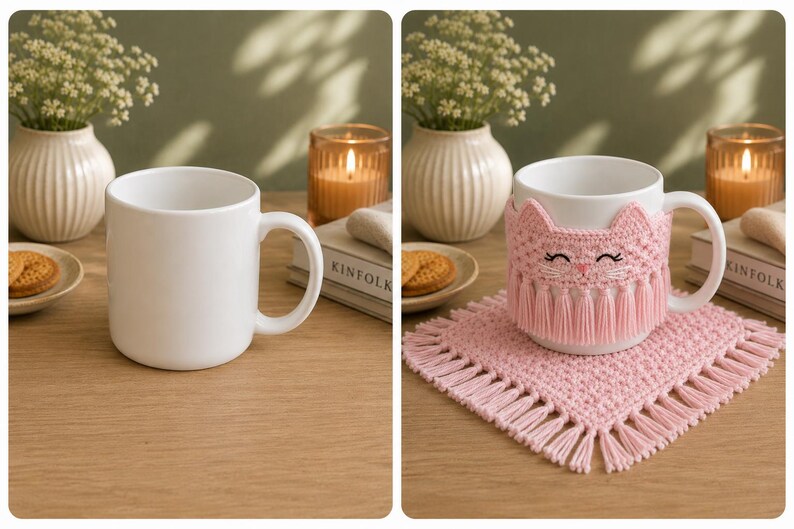 May include: A white ceramic mug featuring a removable light pink crocheted cat cozy with fringe detailing, paired with a matching square crocheted coaster with fringe edges. The cat face design includes embroidered eyes, a nose, and whiskers.