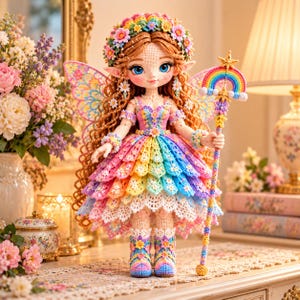 May include: A handcrafted crochet fairy doll with long wavy brown hair, wearing a multi-layered rainbow dress and a floral crown. The doll features pointed ears, large blue eyes, and holds a staff topped with a rainbow and a gold star.
