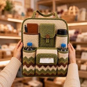 May include: A crochet car seat organizer in cream, olive green, and brown with a chevron pattern. It features multiple pockets, including a central tissue box holder, a flap-covered compartment with a wooden button, and two side bottle holders.