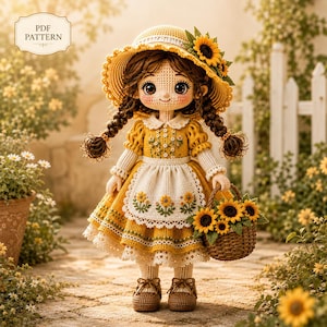 Puede incluir: Una muñeca de ganchillo con cabello castaño trenzado que lleva un vestido amarillo, un delantal blanco con bordado de girasoles y un sombrero de sol amarillo a juego adornado con un girasol. La muñeca sostiene una cesta de mimbre.