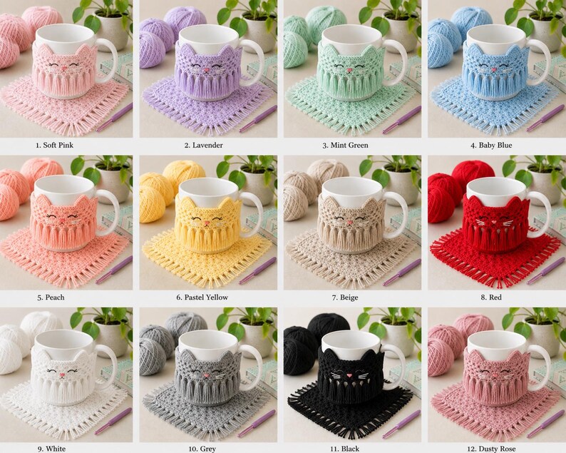 May include: A collection of twelve white ceramic mugs, each featuring a matching crocheted cat-shaped cozy with fringe detailing. The set includes various colors: soft pink, lavender, mint green, baby blue, peach, pastel yellow, beige, red, white, grey, black, and dusty rose.