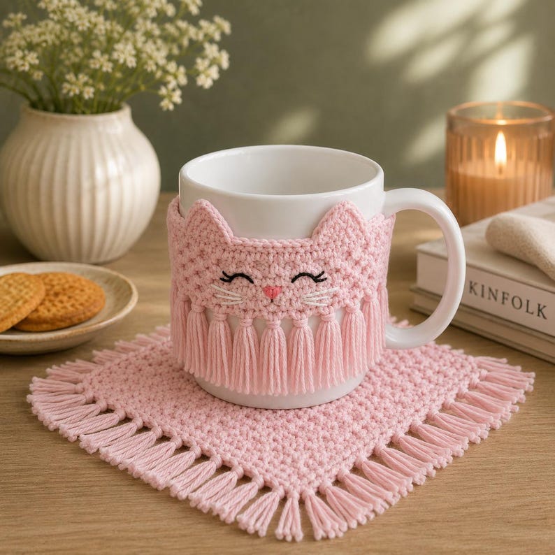 May include: A white ceramic mug featuring a light pink crocheted cozy with a cat face design and fringe trim, resting on a matching square pink crocheted coaster with fringe edges. The cat face includes embroidered eyes, whiskers, and a pink nose.