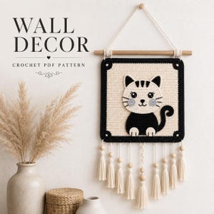 Haakpatroon voor een zwart-witte kat in de vorm van een oma vierkantje (PDF) | Kattenapplicatie | Geschikt voor beginners | Direct te downloaden
