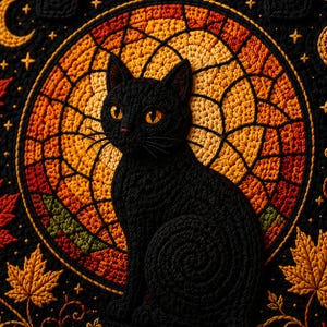Op de afbeelding: Een gehaakte wandhanger met textuur die een zwarte kat toont tegen een cirkelvormige achtergrond in glas-in-loodstijl in tinten oranje, geel en rood. Het ontwerp bevat geborduurde herfst-esdoornbladeren en kleine sterren op een zwarte achtergrond.