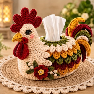 May include: A crocheted rooster-shaped tissue box cover in cream, featuring a bright red comb and wattle, a yellow beak, and layered feathers in green, yellow, and dark red. A dark red flower with green leaves is attached to the side.