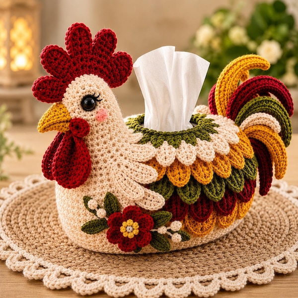 May include: A crocheted rooster-shaped tissue box cover in cream, featuring a bright red comb and wattle, a yellow beak, and layered feathers in green, yellow, and dark red. A dark red flower with green leaves is attached to the side.