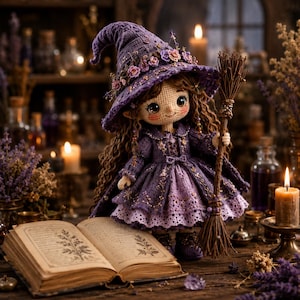 May include: A crocheted doll with brown hair wearing a purple dress and a matching pointed hat adorned with small flowers. The doll holds a small wooden broomstick. An open book with botanical illustrations is positioned in front of the doll.