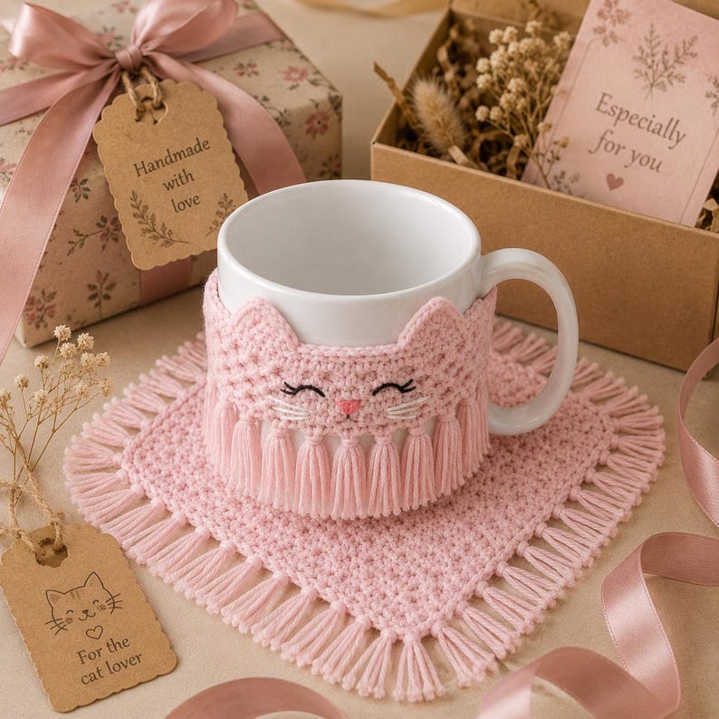Crochet Cat Mug Cozy Pattern | Beginner Cup Sleeve with Coaster (PDF Download) image 9