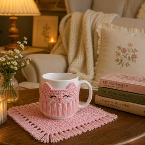 May include: A white ceramic mug featuring a light pink crocheted cozy with a cat face design and fringe trim, resting on a matching square pink crocheted coaster with fringe edges. The cat face has embroidered eyes, whiskers, and a pink nose.