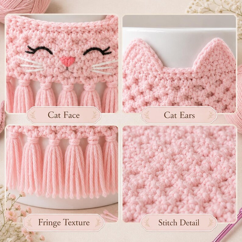 May include: A light pink crochet mug cozy featuring a cat face with embroidered black eyes, a pink nose, and white whiskers. The design includes pointed cat ears, a textured stitch pattern, and a bottom row of hanging pink yarn fringe tassels.