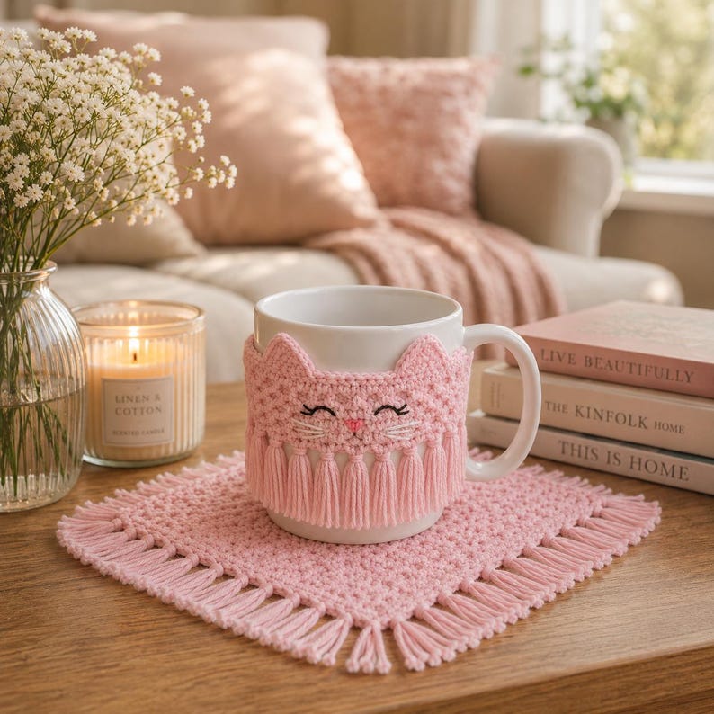 May include: A white ceramic mug featuring a light pink crocheted cozy with a cat face design and fringe trim, resting on a matching light pink square crocheted coaster with fringe edges, set on a wooden surface with a candle and books.