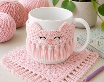 Crochet Cat Mug Cozy Pattern | Beginner Cup Sleeve with Coaster (PDF Download)