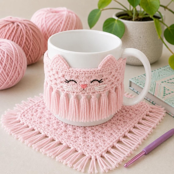Crochet Cat Mug Cozy Pattern | Beginner Cup Sleeve with Coaster (PDF Download)